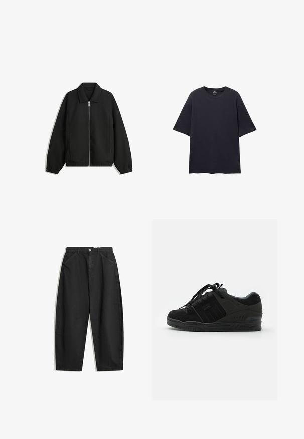 Veste noire en tissu texturé, dotée d'une fermeture éclair sur toute la longueur, d'un col et de poignets élastiques avec une coupe décontractée et des poches latérales.; PULL&BEAR SHORT SLEEVE TEXTURED WEAVE - T-shirt basique - dark blue; Pantalons larges noirs en coton, avec une taille haute, des poches avant et des détails de couture subtils. Texture lisse sans motifs.; Sneaker noir avec une tige en daim et textile, présentant des accents texturés, un col rembourré, des lacets et une semelle en caoutchouc avec un détail de logo.
