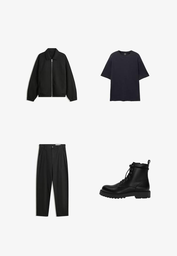 Crna jakna izrađena od teksturirane tkanine, s punim prednjim zatvaračem, ovratnikom i elastičnim manžetama, opuštenog kroja i bočnim džepovima.; PULL&BEAR SHORT SLEEVE TEXTURED WEAVE - Osnovna majica kratkih rukava - dark blue; Crne pamučne hlače s opuštenim krojem, s klasičnim pojasom, prednjim nabranjima i bočnim džepovima. Glatka tekstura bez uzoraka.; Crne kožne čizme do gležnjeva sa vezicama, sa debelim robusnim potplatom i petnom trakom.