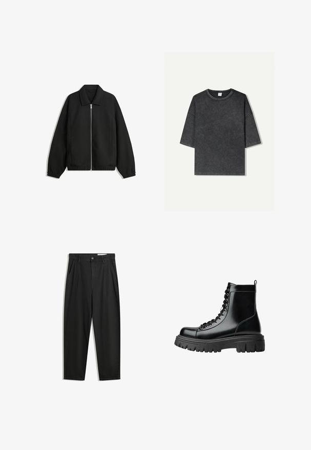 Černá bunda vyrobená z texturované látky, s plným předním zipem, límcem a elastickými manžetami, s volným střihem a bočními kapsami.; Přetahující tričko s krátkým rukávem v tmavě šedé barvě, vyrobené z bavlny. Má kulatý výstřih a viditelné švy podél okrajů.; Černé bavlněné kalhoty s uvolněným střihem, klasickým pasem, předními záhyby a bočními kapsami. Hladká textura bez vzorů.; Černé kotníkové boty z hladké kůže s robustní podrážkou, kulatou špičkou a předním zavazováním na tkaničky. Mají poutko na zadní straně a hladký povrch.
