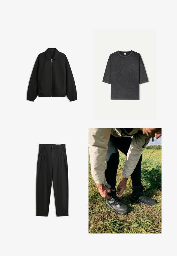 Svart jacka i strukturerad tyg, med full dragkedja framtill, krage och elastiska muddar, med en avslappnad passform och sidofickor.; Överdimensionerad kortärmad t-shirt i mörkgrå, tillverkad av bomull. Har en rund halsringning och synlig sömnad längs kanterna.; Svarta bomullsshorts med avslappnad passform, med en klassisk midja, framveck och sidfickor. Slät textur utan mönster.; Svarta utomhusskor med texturöverdel i läder och gummisula. Bäraren snörar skorna medan han står på gräs.