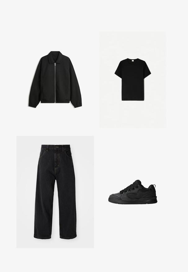 Črna jakna iz teksturirane tkanine, z dvostranskim zadrgo spredaj, ovratnikom in elastičnimi manšeti, sproščenega kroja in stranskimi žepi.; Črna kratkodlaka majica s kratkimi rokavi, krojena z okroglim izrezom, izdelana iz mehkega bombažnega materiala, z gladko teksturo in brez vidnih vzorcev ali dodatkov.; Črne široke jeans hlače z visokim pasom, sprednjim gumbom, zadrgo ter rumenim šivom na žepih in šivih.; Črne superge z teksturiranim zgornjim delom, opremljene z vezalkami, mrežastimi dodatki za zračnost, oblazinjenim ovratnikom in trdnim podplatom.