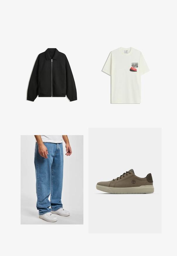 Crna jakna izrađena od teksturirane tkanine, s punim prednjim zatvaračem, ovratnikom i elastičnim manžetama, opuštenog kroja i bočnim džepovima.; Bijela kratkih rukava majica s malim grafikom crvenog automobila Lightning McQueen i tekstom "Lightning McQueen 95" na lijevoj strani grudi.; Svijetloplave traperice opuštenog kroja, sa ravnim nogavicama i suptilnim iznošenjem, uparenim s bijelim tenisicama.; Smeđi kožni patike niskog profila, s gumenim potplatom i zelenim akcentima; imaju logo sa strane i teksturirane panele za bolji grip.