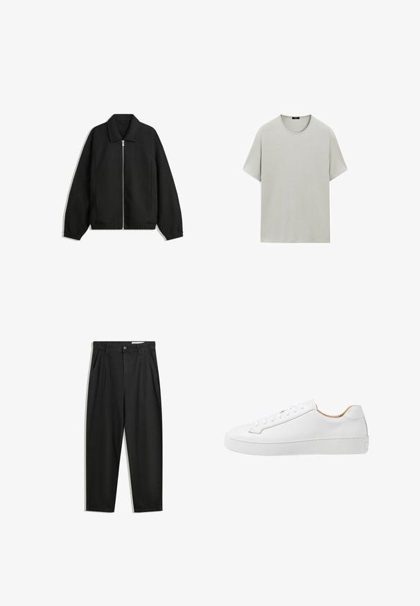 Giacca nera in tessuto texturizzato, con zip frontale a tutta lunghezza, colletto e polsini elasticizzati, dalla vestibilità rilassata e con tasche laterali.; T-shirt grigio chiaro a maniche corte realizzato in cotone morbido, con un classico scollo rotondo e una vestibilità rilassata senza cuciture visibili.; Pantaloni in cotone neri con una vestibilità rilassata, dotati di una vita classica, pieghe frontali e tasche laterali. Tessuto liscio senza fantasie.; Sneaker bianca in pelle con finitura liscia, punta arrotondata, design a lacci piatti e suola in gomma spessa con un motivo di presa testurizzato.