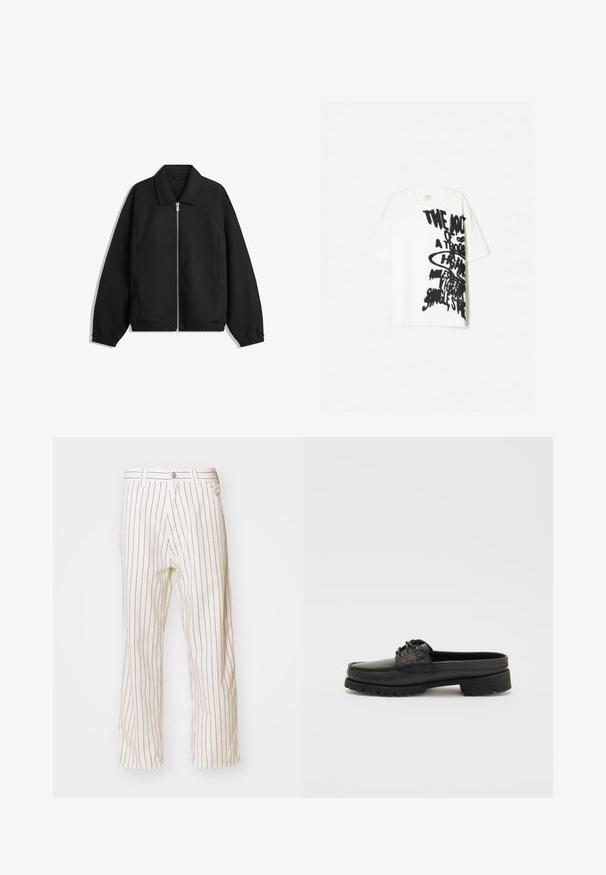 Čierna bunda vyrobená z textúrovaného materiálu, s plným predným zipsom, golierom a elastickými manžetami, so voľnejším strihom a bočnými vreckami.; Biela bavlnená tričko s uvoľneným strihom, ktoré má na prednej strane výrazný čierny grafický text. Krátke rukávy a klasický okrúhly výstrih.; Béžové pruhované nohavice s uvoľneným strihom, ktoré majú vertikálne hnedé pruhy, predné zapínanie na gombík a bočné vrecká.; Čierne kožené poltopánky bez viazania s detailom šnúrky, zaoblenou špičkou a textúrovanou podrážkou. Majú mierne zvýšený opätok a hladký povrch.