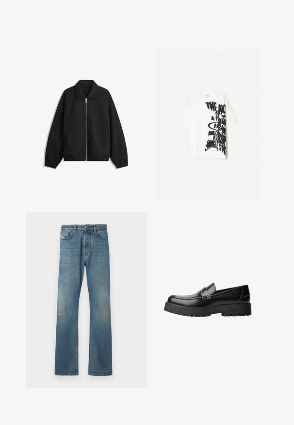 Črna jakna iz teksturirane tkanine, z dvostranskim zadrgo spredaj, ovratnikom in elastičnimi manšeti, sproščenega kroja in stranskimi žepi.; Bela bomba t-shirt iz bombažne tkanine s sproščenim krojem, ki vsebuje drzne črne grafične napise na sprednji strani. Kratke rokave in krogec pri vratu.; Modri kavbojke s ravnim krojem, z rahlim zbledeljem, sprednjimi žepi in gumbom za zapiranje na pasu.; Črne usnjene loafersice s debelim profiliranim podplatom in dekorativnim pasom čez zgornji del, prikazane v levem stranskem profilu na beli podlagi.