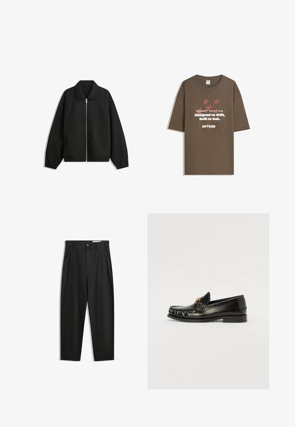 Černá bunda vyrobená z texturované látky, s plným předním zipem, límcem a elastickými manžetami, s volným střihem a bočními kapsami.; Hnědé bavlněné tričko s krátkým rukávem, zdobené graficky zpracovaným textem a hvězdami v kontrastních barvách. Rovný střih s kulatým výstřihem.; Černé bavlněné kalhoty s uvolněným střihem, klasickým pasem, předními záhyby a bočními kapsami. Hladká textura bez vzorů.; Černé kožené mokasíny s kulatou špičkou, se zlatým dekorativním akcentem na svršku a jemným prošíváním podél okrajů. Ploché podrážky.