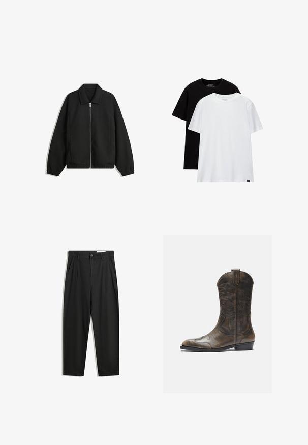 Jachetă neagră dintr-un material texturat, cu fermoar frontal complet, guler și manșete elastice, având o croială lejeră și buzunare laterale.; Două tricouri cu croială normală, unul negru și unul alb, realizate din bumbac. Fiecare are un guler rotund și mâneci scurte. Design simplu, fără modele.; Pantaloni negri din bumbac cu croială lejeră, având un brâu clasic, plii frontale și buzunare laterale. Textură netedă fără modele.; Botă de cowboy din piele maro cu un gât înalt, vârf ascuțit, modele complicate de cusături și un toc mic. Finisaj texturat pe întreaga suprafață.