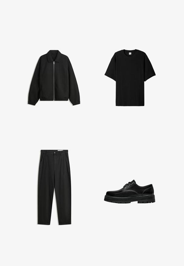 Černá bunda vyrobená z texturované látky, s plným předním zipem, límcem a elastickými manžetami, s volným střihem a bočními kapsami.; Černé krátké rukávy s žebrovaným vzorem, kulatým výstřihem a volnějším střihem, s texturovaným povrchem. Jednoduchý design; bez grafiky nebo akcentů.; Černé bavlněné kalhoty s uvolněným střihem, klasickým pasem, předními záhyby a bočními kapsami. Hladká textura bez vzorů.; Černá kožená šněrovací obuv s kulatou špičkou, texturovaným povrchem a silnou gumovou podešví s hlubokým vzorkem pro lepší přilnavost.