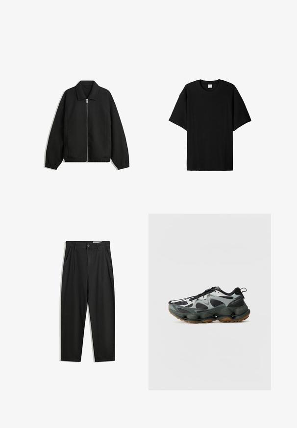 Sort jakke lavet af struktureret stof, med fuld frontlynlås, krave og elastiske mansjetter, i en afslappet pasform og sidelommer.; Sort ribbet kortærmet t-shirt med rund hals, der har en afslappet pasform og struktureret overflade. Enkel design; ingen grafik eller detaljer.; Sorte bomuldsbukser med en afslappet pasform, der har en klassisk talje, frontfolder og sidelommer. Glat tekstur uden mønstre.; Sorte og grå atletiksko med mesh-overdel, skulptureret sål og gummisål. Har et sikkert snøresystem og en trækflap ved hælen.