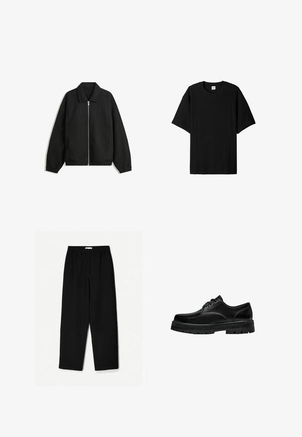 Čierna bunda vyrobená z textúrovaného materiálu, s plným predným zipsom, golierom a elastickými manžetami, so voľnejším strihom a bočnými vreckami.; Čierne ryhované tričko s krátkym rukávom a okrúhlym výstrihom, ponúkajúce voľný strih a textúrovaný povrch. Jednoduchý dizajn; bez grafiky alebo akcentov.; Čierne nohavice s širokými nohavicami vyrobené z ľahkej tkaniny. Majú elasticitu v páse a hladký povrch. Bez viditeľných vzorov alebo kovania.; Čierna kožená šnurovacia obuv s okrúhlou špičkou, textúrovaným povrchom a hrubou gumovou podrážkou s hlbokým vzorom pre lepšiu priľnavosť.