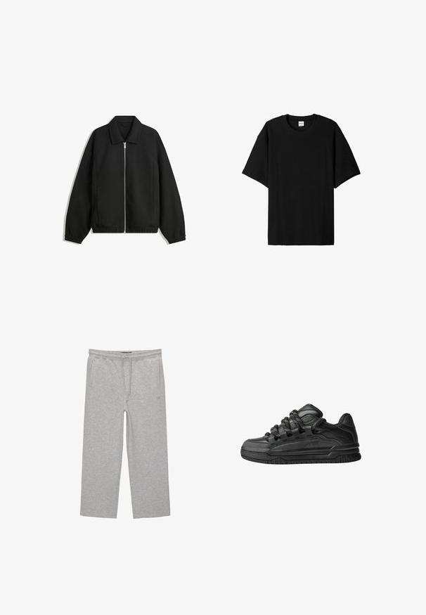 Crna jakna izrađena od teksturirane tkanine, s punim prednjim zatvaračem, ovratnikom i elastičnim manžetama, opuštenog kroja i bočnim džepovima.; Crna rebrasta kratka majica s kratkim rukavima i okruglim izrezom, s opuštenim krojem i teksturiranom površinom. Jednostavan dizajn; bez grafika ili akcenta.; Sive cotton hlače za opuštanje s elastičnim pojasom, vezicom i dva bočna džepa; ravni kroj, mekana tekstura, bez uzoraka.; Crne tenisice s glatkom kožnom gornjom površinom, teksturiranim detaljima i okruglim crnim i bijelim vezicama. Debeli gumeni potplat s uzorkom.