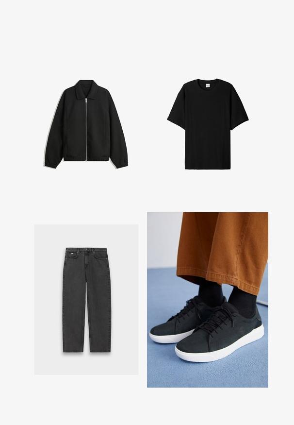 Black jacket made of textured fabric, featuring a full front zip, collar, and elastic cuffs with a relaxed fit and side pockets.; Black ribbed short-sleeve t-shirt with a round neck, featuring a relaxed fit and textured surface. Simple design; no graphics or accents.; Black straight-leg jeans with five pockets, button closure, and visible stitching laid flat on a neutral background.; Black suede sneakers with white rubber soles, featuring lace-up design, textured accents, and subtle branding, paired with brown pants.