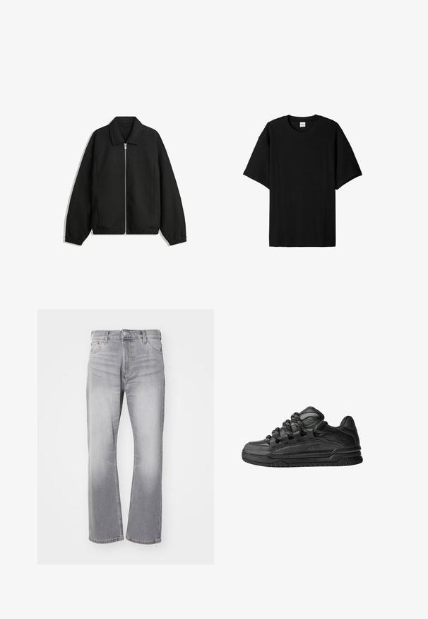 Schwarze Jacke aus strukturiertem Stoff, mit vollem Reißverschluss auf der Vorderseite, Kragen und elastischen Manschetten, im entspannten Schnitt und mit seitlichen Taschen.; Schwarzes, geripptes T-Shirt mit kurzen Ärmeln und Rundhalsausschnitt, das einen lockeren Schnitt und eine strukturierte Oberfläche bietet. Einfaches Design; keine Grafiken oder Akzente.; Graue Jeans aus Denim mit geradem Bein, subtilen Verwaschungen und klassischem Fünf-Taschen-Design. Mit einem Knopf- und Reißverschluss ausgestattet.; Schwarze Sneakers mit einem glatten Leder-Obermaterial, strukturierten Akzenten und runden schwarz-weißen Schnürsenkeln. Dicke Gummisohle mit einem gemusterten Profil.