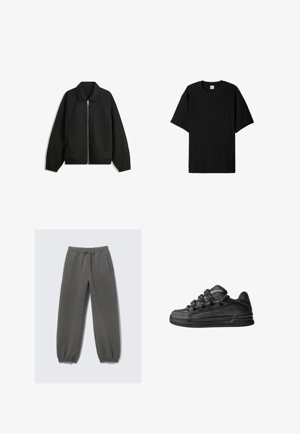 Czarna kurtka z teksturowanej tkaniny, z pełnym zamkiem z przodu, kołnierzem i elastycznymi mankietami, o luźnym kroju i kieszeniach po bokach.; Czarny prążkowany t-shirt z krótkim rękawem i okrągłym dekoltem, charakteryzujący się luźnym krojem i fakturowaną powierzchnią. Prosty design; brak grafik i akcentów.; Szare dresowe spodnie wykonane z miękkiego materiału, z elastycznym pasem na sznurki, elastycznymi mankietami i bocznymi kieszeniami. Prosty krój noga.; Czarne sneakersy z gładką skórzaną cholewką, teksturowanymi akcentami i okrągłymi czarno-białymi sznurowadłami. Gruba gumowa podeszwa z wzorzystym bieżnikiem.