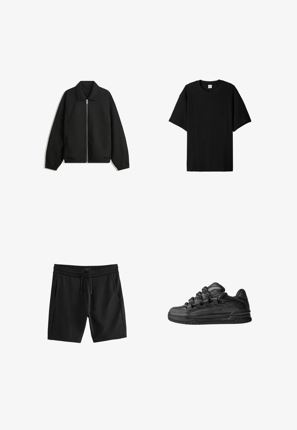 Černá bunda vyrobená z texturované látky, s plným předním zipem, límcem a elastickými manžetami, s volným střihem a bočními kapsami.; Černé krátké rukávy s žebrovaným vzorem, kulatým výstřihem a volnějším střihem, s texturovaným povrchem. Jednoduchý design; bez grafiky nebo akcentů.; Černé sportovní šortky vyrobené z měkké bavlněné směsi, s elastickým pasem a šňůrkou, a dvěma bočními kapsami.; Černé tenisky s hladkým koženým svrškem, texturovanými akcenty a kulatými černobílými tkaničkami. Silná gumová podrážka s vzorovaným dezénem.
