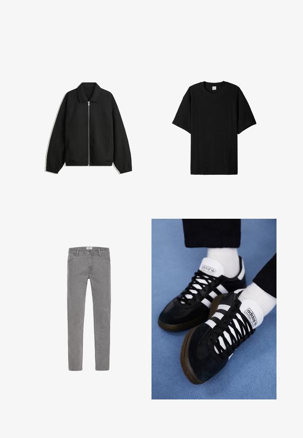 Fekete kabát texturált anyagból, teljes elöl cipzárral, gallérral és rugalmas mandzsettákkal, laza szabással és oldalsó zsebekkel.; Fekete, bordázott, rövid ujjú póló kerek nyakkal, laza szabással és textúrázott felülettel. Egyszerű dizájn; nincsenek rajta grafikák vagy díszítések.; Szürke farmernadrág egyenes szabással. Jellemzői az öt zseb, övbújtatók és elöl gombos zárazás. Simább textúra, letisztult design.; Fekete velúr edzőcipők fehér fűzőkkel és három fehér csíkkal. Érdes talppal rendelkezik, és a nyelvén található a logó.