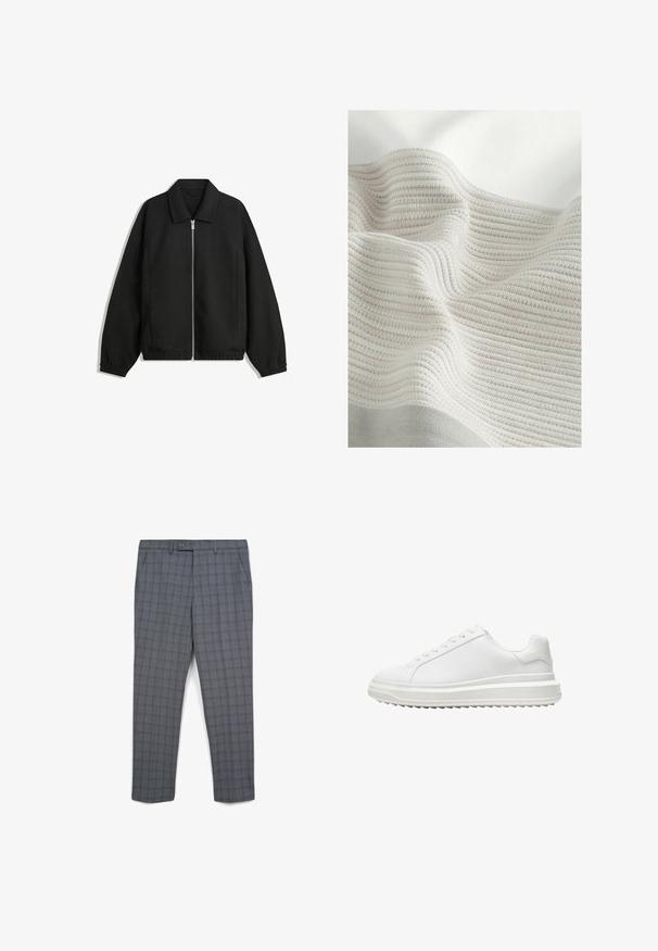 Schwarze Jacke aus strukturiertem Stoff, mit vollem Reißverschluss auf der Vorderseite, Kragen und elastischen Manschetten, im entspannten Schnitt und mit seitlichen Taschen.; Strukturierter Stoff mit hellgrauen und cremeweißen Streifen. Weiches Material mit einer gewellten Optik, das das Gewebemuster und die sanften Falten betont.; Grau karierte Hosen mit einem leicht taillierten Design, ausgestattet mit einer flachen Vorderseite, Gürtelschlaufen, Seitentaschen und einer glatten Stoffstruktur.; Weißer Sneaker mit einem glatten synthetischen Obermaterial, runder Spitze, flachen Schnürsenkeln, strukturiertem Sohlen und einem geschichteten, Plattform-Design für zusätzlichen Halt.