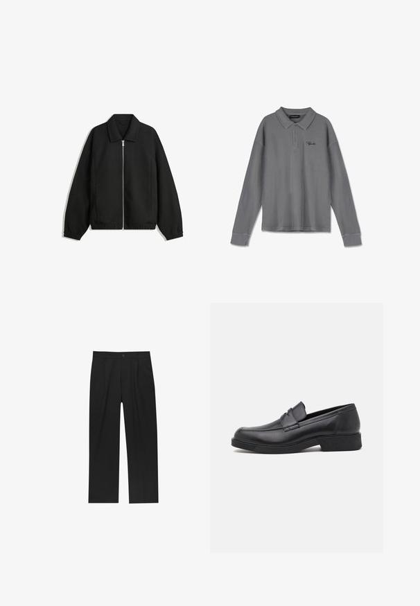 Fekete kabát texturált anyagból, teljes elöl cipzárral, gallérral és rugalmas mandzsettákkal, laza szabással és oldalsó zsebekkel.; Csíkos szürke anyagú, hosszú ujjú polo felső. Gallérral, három gombos nyitással és diszkrét fekete márkázással rendelkezik a mellkason.; Fekete nadrág egyenes szárú kialakítással, sima anyagból készült. Elöl redők és egy gombos záródás található a derékon.; Fekete bőrcipő, kerek orral és varrott részletezéssel. Lapos talppal és enyhe sarokkal rendelkezik, ami enyhe magasságot ad.