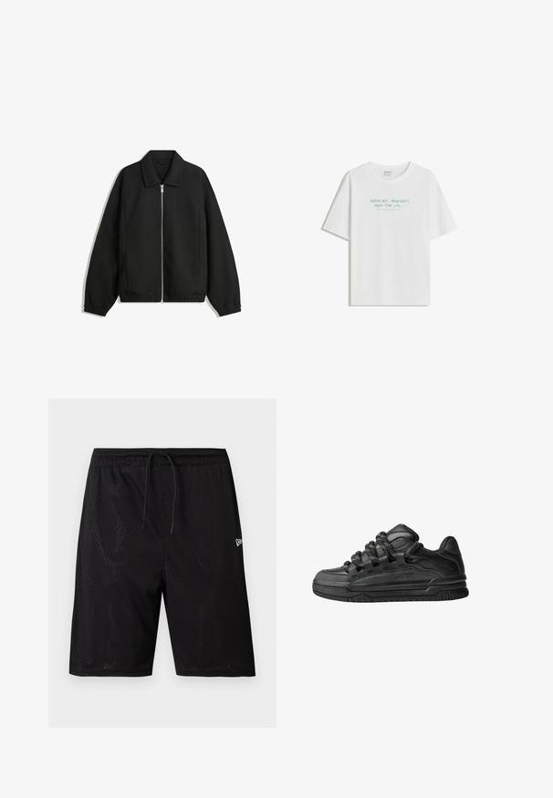 Čierna bunda vyrobená z textúrovaného materiálu, s plným predným zipsom, golierom a elastickými manžetami, so voľnejším strihom a bočnými vreckami.; Biela bavlnená tričko s voľným strihom, okrúhlym výstrihom a svetlozeleným textom: "ČERSTVÝ VZDUCH, PLAYLIST, VOĽNÝ ČAS, a pod..." na prednej strane.; Čierne športové šortky z priedušnej siete s viazankou v páse, s perforovanou textúrou a malým bielym logom v dolnom pravom rohu.; Čierne tenisky s hladkým koženým zvrškom, štruktúrovanými akcentami a okrúhlymi čierno-bielymi šnúrkami. Hrubá gumená podrážka s vzorovaným dezénom.