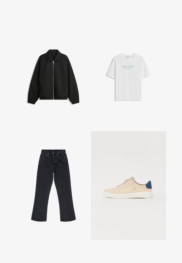 Zwarte jas van textuurstof, met een volledige rits aan de voorkant, een kraag, elastische manchetten, een ontspannen pasvorm en zijzakken.; Witte katoenen t-shirt met een ontspannen pasvorm, ronde hals en lichtgroene tekst: "FRESH AIR, PLAYLIST, FREE TIME, enz..." op de voorkant.; Zwarte denim jeans met een hoge taille, wijde pijpen, vijf zakken en hardware in kopertint. Beschikt over subtiele stikseldetails.; Beige sneakers van suede, voorzien van een witte zool, beige veters en een blauwe accent op de hak. Logo ingebosseld aan de zijkant.
