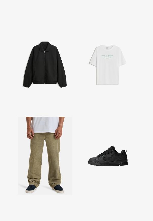 Jachetă neagră dintr-un material texturat, cu fermoar frontal complet, guler și manșete elastice, având o croială lejeră și buzunare laterale.; Tricou alb din bumbac, cu o croi lejer, guler rotund și text verde deschis: „AER PROASPAT, PLAYLIST, TIMP LIBER, etc...” pe față.; Pantaloni din corduroy verde măsliniu, cu o croială lejeră, featuring picioare drepte, buzunare laterale și o textură vizibilă din material în dungi.; Adidași negri cu un lateral texturat, având șireturi, accente din plasă pentru respirabilitate, guler căptușit și o talpă rezistentă.