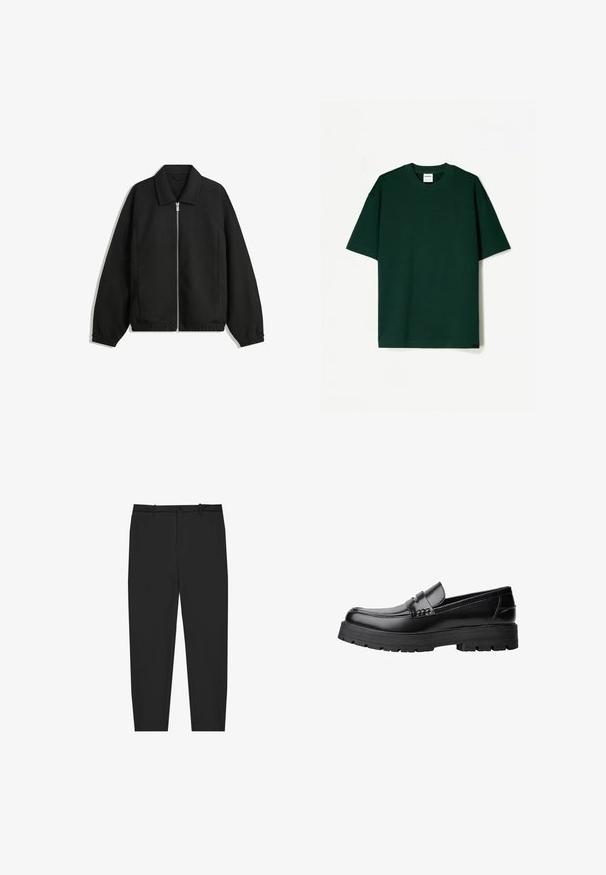 Schwarze Jacke aus strukturiertem Stoff, mit vollem Reißverschluss auf der Vorderseite, Kragen und elastischen Manschetten, im entspannten Schnitt und mit seitlichen Taschen.; Dunkelgrünes T-Shirt mit kurzen Ärmeln aus glattem Baumwollstoff, mit Rundhalsausschnitt und geradem, lässigem Schnitt.; Schwarze Hosen mit maßgeschneidertem Schnitt, aus glattem Stoff. Mit Knopfverschluss, Gürtelschlaufen und schmal zulaufenden Beinen. Keine Muster oder Akzente.; Schwarzer Lederloafer mit grobem, rutschfestem Sohlenprofil und dekorativem Riemen über der Oberseite, seitlich links auf weißem Hintergrund abgebildet.