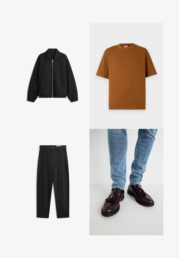 Sort jakke lavet af struktureret stof, med fuld frontlynlås, krave og elastiske mansjetter, i en afslappet pasform og sidelommer.; Brun kortærmet t-shirt lavet af blødt stof, med rund halsudskæring og afslappet pasform med lige kant. Ingen synlige mønstre eller accenter.; Sorte bomuldsbukser med en afslappet pasform, der har en klassisk talje, frontfolder og sidelommer. Glat tekstur uden mønstre.; Bordeaux læder loafers med kvaster og en tekstureret overdel, parret med lyseblå denimjeans. Sort gummisål synlig.