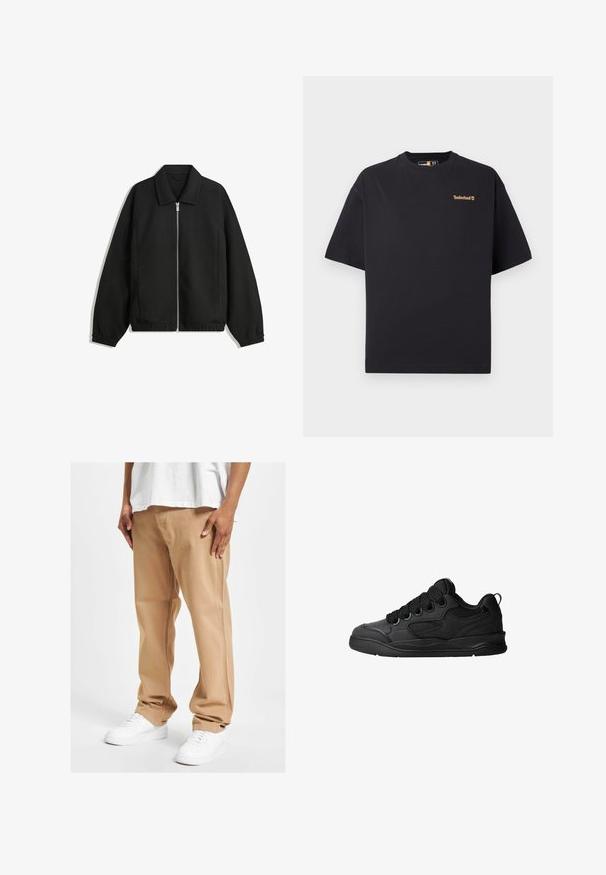 Zwarte jas van textuurstof, met een volledige rits aan de voorkant, een kraag, elastische manchetten, een ontspannen pasvorm en zijzakken.; Zwarte T-shirt met korte mouwen en ronde hals van Timberland, met een klein tan logo op de bovenste linkerborst, gepresenteerd op een witte achtergrond.; Tan katoenen broeken met een relaxte pasvorm, voorzien van zijzakken en een gladde textuur, gecombineerd met witte sneakers.; Zwarte sneakers met een gestructureerde bovenkant, voorzien van veters, mesh-details voor ademend vermogen, een gevoerd kraagje en een stevige zool.