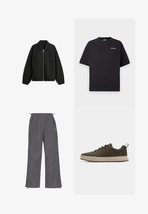 Čierna bunda vyrobená z textúrovaného materiálu, s plným predným zipsom, golierom a elastickými manžetami, so voľnejším strihom a bočnými vreckami.; Čierne tričko Timberland s krátkym rukávom a okrúhlym výstrihom, s malým béžovým logom na hornej ľavej časti hrude, vystavené na bielom pozadí.; Sivé široké nohavice vyrobené z mäkkej látky. Obsahujú elastický pás, bočné vrecká a zipsy na manžetách. Jednoduchý dizajn s minimálnymi detailami.; Tmavo zelené tenisky s hladkým zvrškom, svetlo béžovou medzipodrážkou a gumovou podrážkou. Majú zaoblenú špičku a minimálne brandovanie na päte.