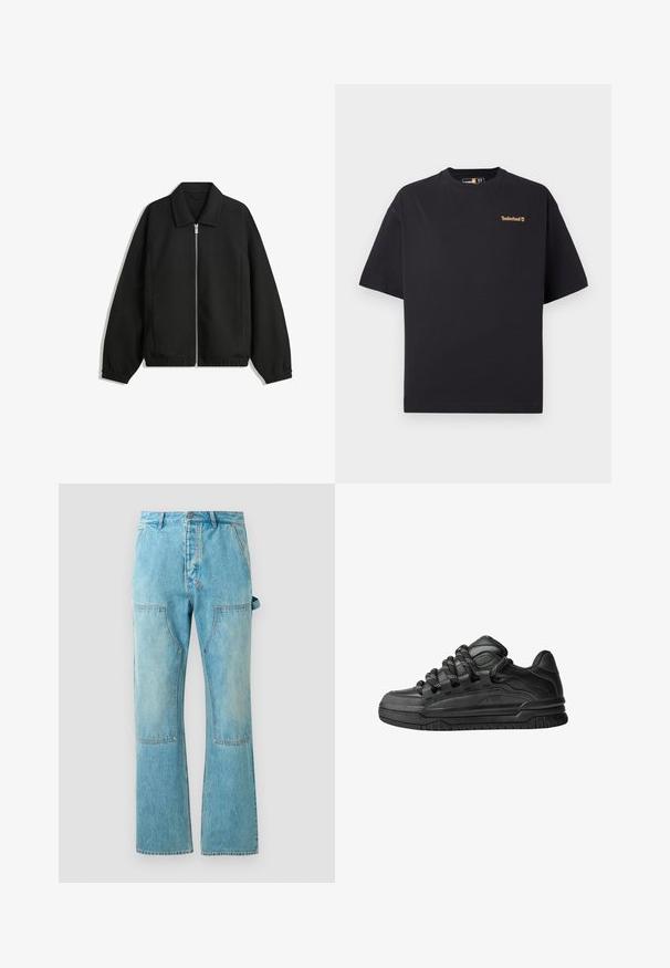 Fekete kabát texturált anyagból, teljes elöl cipzárral, gallérral és rugalmas mandzsettákkal, laza szabással és oldalsó zsebekkel.; Fekete, rövid ujjú, kerek nyakú Timberland póló, kicsi, világosbarna logóval a bal felső mellrészén, fehér háttér előtt.; Világoskék farmernadrág, harangszárú fazonnal. Kontrasztos foltvarrásos panelek, elülső zsebek, és gombos derékzárás jellemzi.; Fekete sportcipők sima bőrből készült felső résszel, struktúrált kiegészítőkkel, valamint kerek fekete és fehér fűzőkkel. Vastag gumitalp mintázott bordázattal.