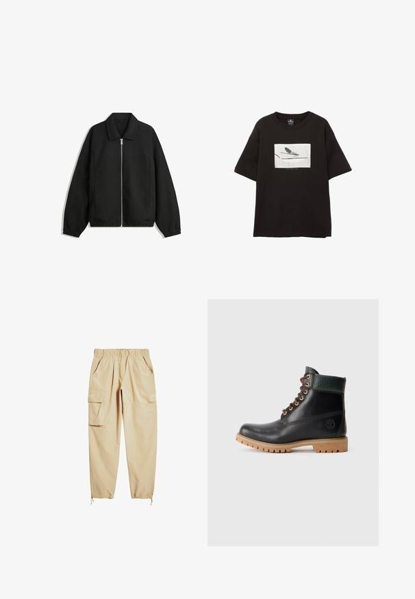 Sort jakke lavet af struktureret stof, med fuld frontlynlås, krave og elastiske mansjetter, i en afslappet pasform og sidelommer.; Sort bomulds t-shirt med korte ærmer, med et hvidt rektangulært grafisk billede af en flue på en tynd linje, minimal branding under billedet.; Beige cargo bukser lavet af letvægtsstof, med en elastisk talje, sidelommer og snørre ved anklen. Indeholder trykt tekst.; Sort læder ankelstøvle med brune snørebånd, polstret grøn krave og tan gummisål med dybe riller, set fra siden på hvid baggrund.