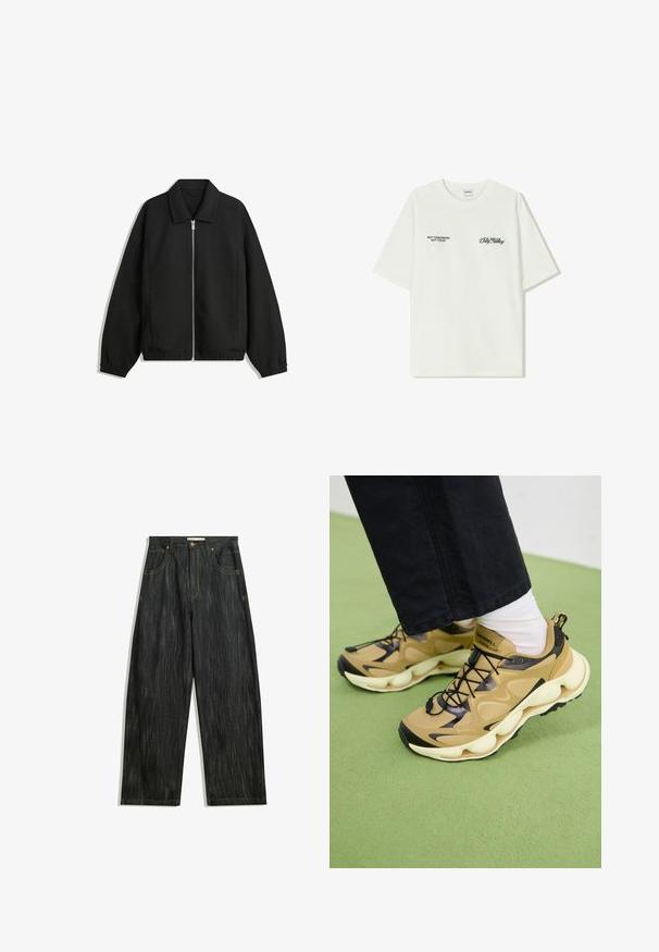 Černá bunda vyrobená z texturované látky, s plným předním zipem, límcem a elastickými manžetami, s volným střihem a bočními kapsami.; Bílý bavlněný tričko s krátkým rukávem. Na přední straně je černý text: "NE ZÍTRA, NE DNES" a "UMĚNÍ PRACOVÁNÍ S HLÍNOU" v zeleném písmu.; Tmavé džíny s volným střihem, s jemnou vertikální texturou, žlutým prošíváním, pěti kapsami a klasickým zapínáním na knoflík.; Hnědé a černé tenisky s prodyšným vrškem, robustní bílou podrážkou, černými tkaničkami a poutkem. Logo GORE-TEX viditelné na boku.