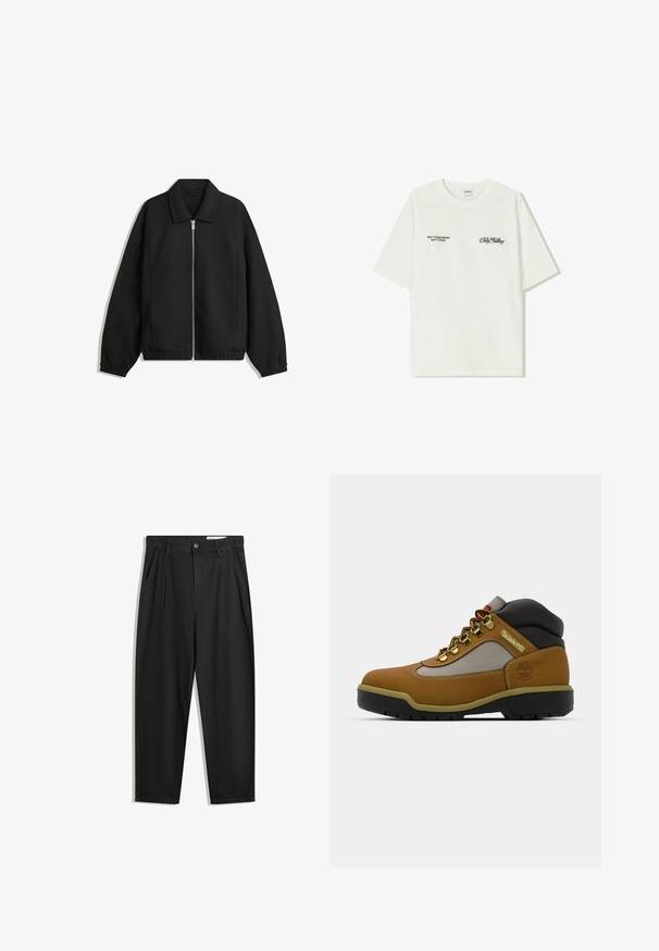 Musta takki, joka on valmistettu teksturoidusta kankaasta ja jossa on koko etuvetoketju, kaulus ja joustavat hihansuut. Takissa on rento istuvuus ja sivutaskut.; Valkoinen puuvillainen t-paita lyhyillä hihoilla. Edessä mustaa tekstiä: "EI HUOMENNA EI TÄNÄÄN" ja "MAAN TAITEILU" vihreällä käsialalla.; Mustat puuvillahousut rentoa mallia, joissa on klassinen vyötärö, etukangastukset ja sivutaskut. Sileä pinta ilman kuvioita.; Ruskeat vaelluskengät, joissa on harmaita ja mustia yksityiskohtia, teksturoitu nahkapinta, metalliset nauhakuviot ja kestävä kumipohja tarjoamaan pitoa.