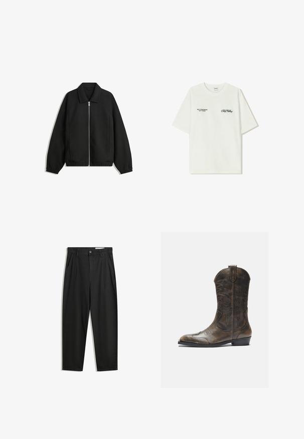 Černá bunda vyrobená z texturované látky, s plným předním zipem, límcem a elastickými manžetami, s volným střihem a bočními kapsami.; Bílý bavlněný tričko s krátkým rukávem. Na přední straně je černý text: "NE ZÍTRA, NE DNES" a "UMĚNÍ PRACOVÁNÍ S HLÍNOU" v zeleném písmu.; Černé bavlněné kalhoty s uvolněným střihem, klasickým pasem, předními záhyby a bočními kapsami. Hladká textura bez vzorů.; Hnědé kožené kovbojské boty s vysokým sálem, špičatou špičkou, složitými vyšívanými vzory a malým podpatkem. Texturovaný povrch po celé délce.