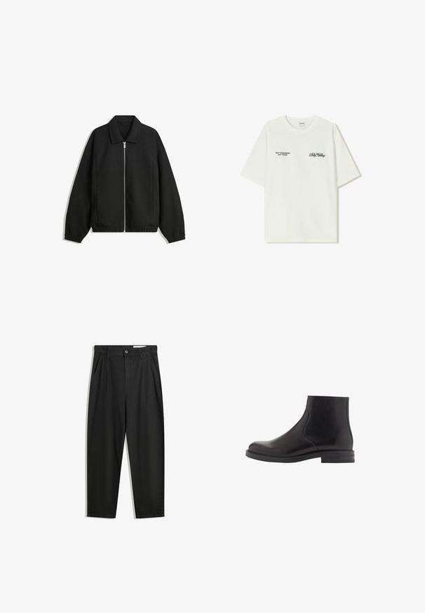 Black jacket made of textured fabric, featuring a full front zip, collar, and elastic cuffs with a relaxed fit and side pockets.; White cotton t-shirt with short sleeves. Front features black text: “NOT TOMORROW NOT TODAY” and “THE ART OF DIRT NOVING” in green script.; Black cotton trousers with a relaxed fit, featuring a classic waistband, front pleats, and side pockets. Smooth texture without patterns.; Black leather ankle boot with smooth texture, rounded toe, elastic side panels, and a low stacked heel. Minimalist design with subtle stitching.