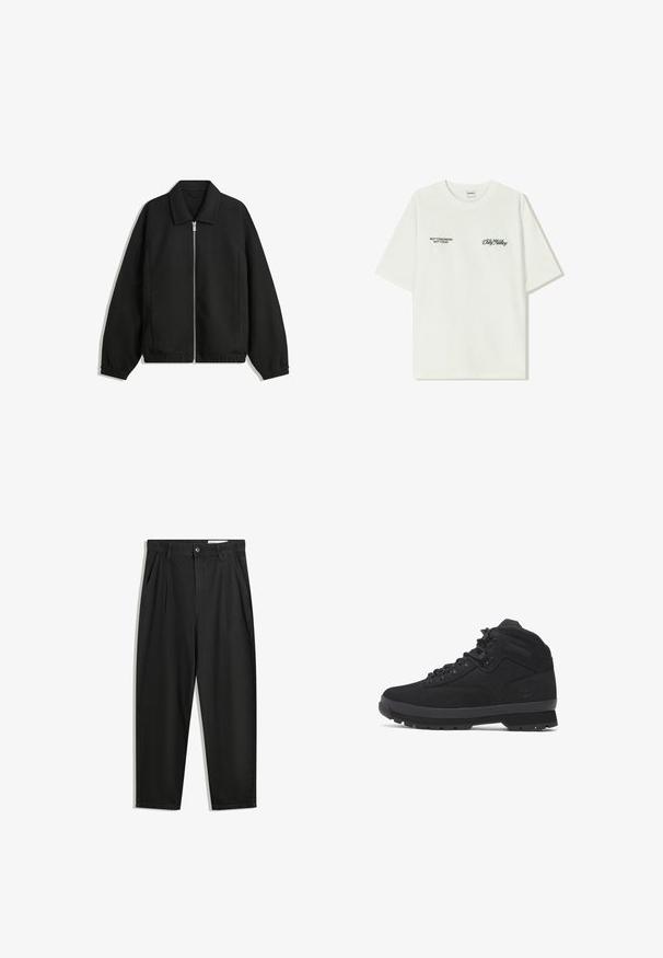 Jachetă neagră dintr-un material texturat, cu fermoar frontal complet, guler și manșete elastice, având o croială lejeră și buzunare laterale.; T-shirt alb din bumbac cu mâneci scurte. Partea din față prezintă text negru: "NU MÂINE NU ASTĂZI" și "ARTA DE A MUDUI" în script verde.; Pantaloni negri din bumbac cu croială lejeră, având un brâu clasic, plii frontale și buzunare laterale. Textură netedă fără modele.; Bocanci de drumeție negri, de tip mid-top, făcuți din suede și nylon, având șireturi rotunde, gauri întărite pentru șireturi și o talpă din cauciuc texturată cu un tipar specific.
