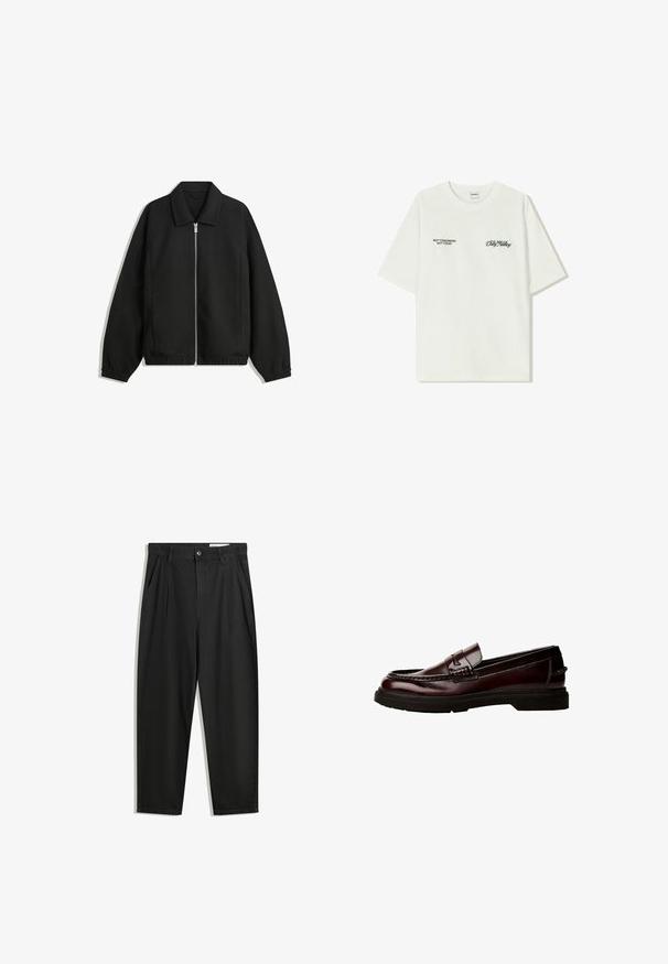 Black jacket made of textured fabric, featuring a full front zip, collar, and elastic cuffs with a relaxed fit and side pockets.; White cotton t-shirt with short sleeves. Front features black text: “NOT TOMORROW NOT TODAY” and “THE ART OF DIRT NOVING” in green script.; Black cotton trousers with a relaxed fit, featuring a classic waistband, front pleats, and side pockets. Smooth texture without patterns.; Brown leather loafers with a rounded toe, detailed stitching, and a rubber sole. Features a decorative strap, smooth texture.