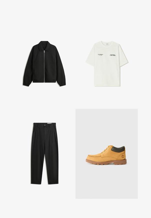 Svart jacka i strukturerad tyg, med full dragkedja framtill, krage och elastiska muddar, med en avslappnad passform och sidofickor.; Vit bomullströja med korta ärmar. Framsidan har svart text: "INTE IMORGON INTE IDAG" och "KONSTEN ATT FLYTTA JORD" i grön skrivstil.; Svarta bomullsshorts med avslappnad passform, med en klassisk midja, framveck och sidfickor. Slät textur utan mönster.; Gul lädersko med brun gummisula, rund tå och grön läderdetalj vid vristen. Har guldöglor och sömnadsdetaljer.