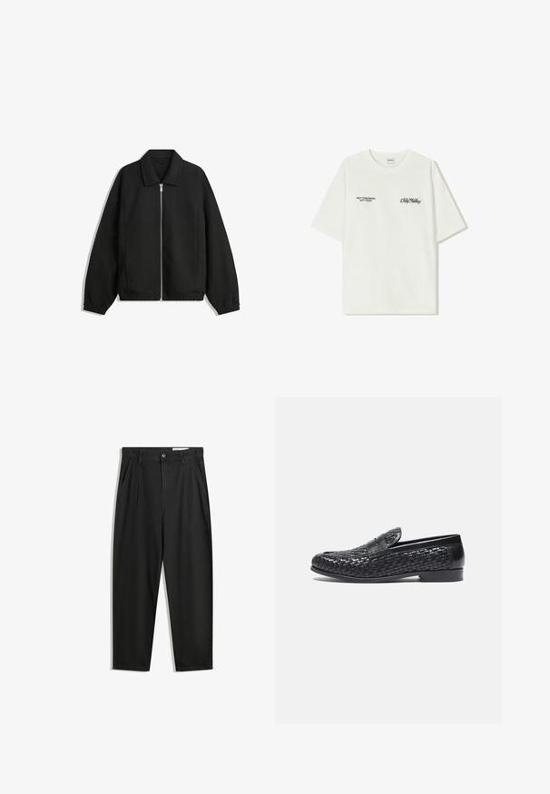 Black jacket made of textured fabric, featuring a full front zip, collar, and elastic cuffs with a relaxed fit and side pockets.; White cotton t-shirt with short sleeves. Front features black text: “NOT TOMORROW NOT TODAY” and “THE ART OF DIRT NOVING” in green script.; Black cotton trousers with a relaxed fit, featuring a classic waistband, front pleats, and side pockets. Smooth texture without patterns.; Zign Slip-ons - black