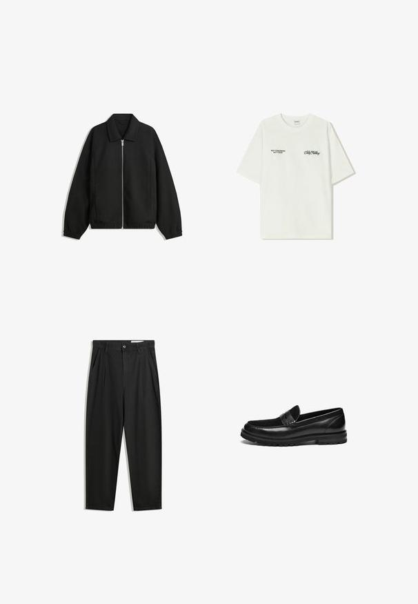 Black jacket made of textured fabric, featuring a full front zip, collar, and elastic cuffs with a relaxed fit and side pockets.; White cotton t-shirt with short sleeves. Front features black text: “NOT TOMORROW NOT TODAY” and “THE ART OF DIRT NOVING” in green script.; Black cotton trousers with a relaxed fit, featuring a classic waistband, front pleats, and side pockets. Smooth texture without patterns.; Black leather loafers with a smooth finish, featuring a textured suede accent on the vamp and a rugged rubber sole design.