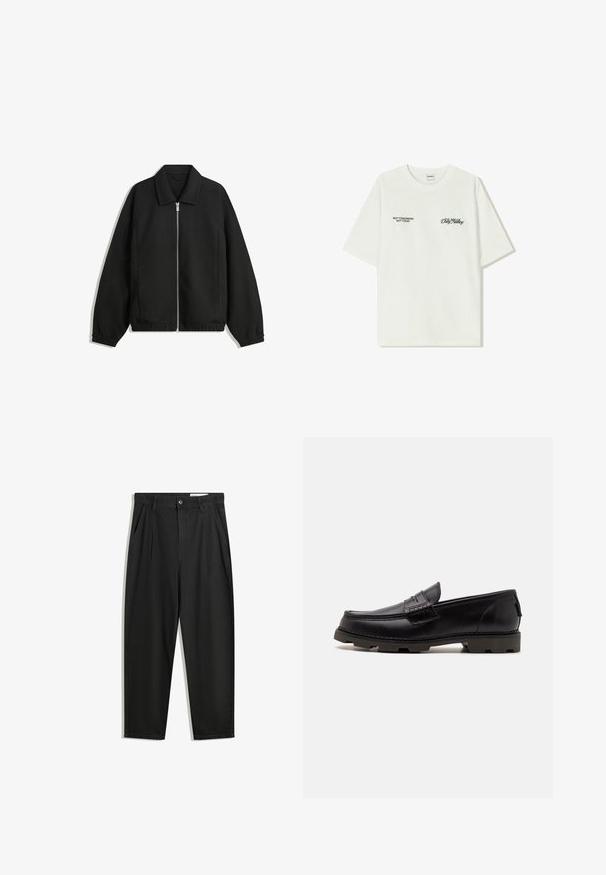 Black jacket made of textured fabric, featuring a full front zip, collar, and elastic cuffs with a relaxed fit and side pockets.; White cotton t-shirt with short sleeves. Front features black text: “NOT TOMORROW NOT TODAY” and “THE ART OF DIRT NOVING” in green script.; Black cotton trousers with a relaxed fit, featuring a classic waistband, front pleats, and side pockets. Smooth texture without patterns.; Black leather loafers with a rounded toe, decorative stitching, and a textured outsole for traction. Slightly elevated heel.