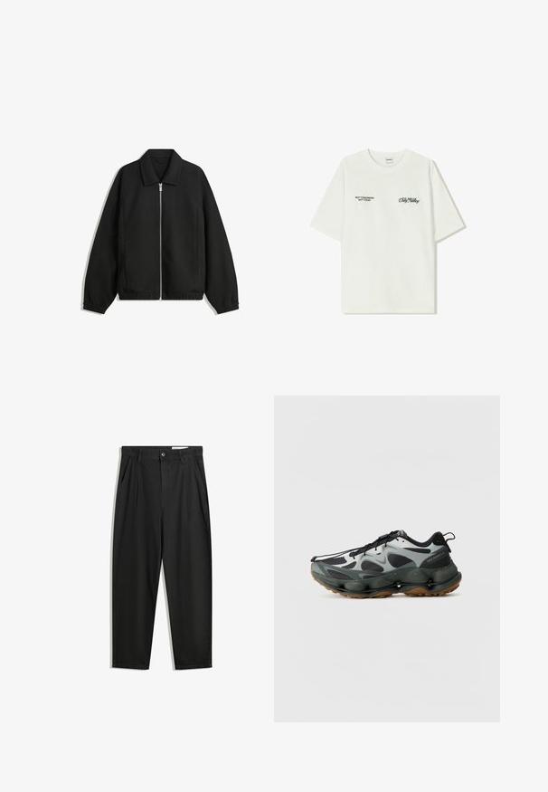 Fekete kabát texturált anyagból, teljes elöl cipzárral, gallérral és rugalmas mandzsettákkal, laza szabással és oldalsó zsebekkel.; Fehér pamut póló rövid ujjakkal. Az elején fekete szöveg található: "NEM HOLNAP NEM MA" és "A FÖLD BŰVÉSZETE" zöld írással.; Fekete pamut nadrág laza szabással, klasszikus derékrésszel, elülső hajtásokkal és oldalsó zsebekkel. Simább textúra minta nélkül.; Fekete és szürke sportcipők hálós felsőrésszel, formázott talppal és gumitalppal. Biztonságos fűzőrendszerrel és hátsó húzófüllel rendelkezik.