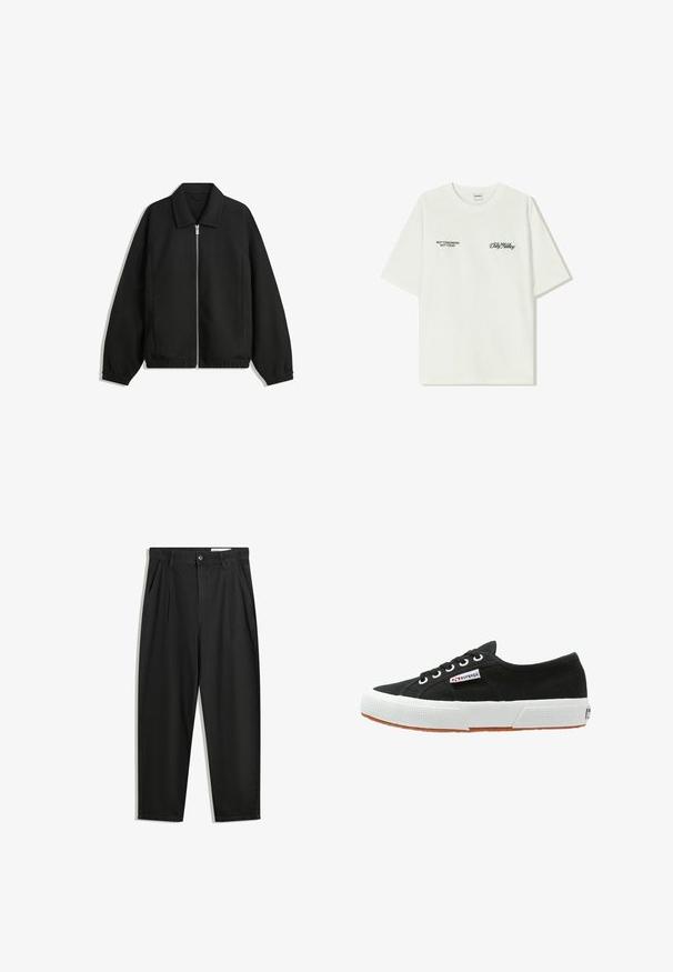 Schwarze Jacke aus strukturiertem Stoff, mit vollem Reißverschluss auf der Vorderseite, Kragen und elastischen Manschetten, im entspannten Schnitt und mit seitlichen Taschen.; Weißes Baumwoll-T-Shirt mit kurzen Ärmeln. Auf der Vorderseite befindet sich schwarzer Text: „NICHT MORGEN NICHT HEUTE“ und „DIE KUNST DES DIRT MOVING“ in grüner Schrift.; Schwarze Baumwollhose mit lockerem Schnitt, ausgestattet mit einem klassischen Bund, vorderen Falten und Seiten taschen. Glatte Textur ohne Muster.; Schwarze Leinenschuhe mit weißer Gummisohle und brauner Gummilaufsohle. Merkmale sind eine runde Zehenform, Schnürdesign und ein kleines Logoetikett an der Seite.