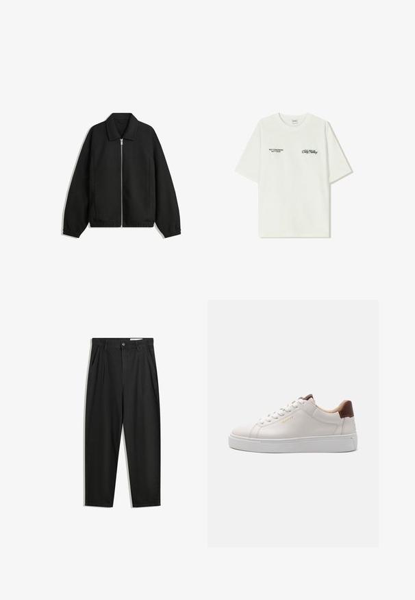 Černá bunda vyrobená z texturované látky, s plným předním zipem, límcem a elastickými manžetami, s volným střihem a bočními kapsami.; Bílý bavlněný tričko s krátkým rukávem. Na přední straně je černý text: "NE ZÍTRA, NE DNES" a "UMĚNÍ PRACOVÁNÍ S HLÍNOU" v zeleném písmu.; Černé bavlněné kalhoty s uvolněným střihem, klasickým pasem, předními záhyby a bočními kapsami. Hladká textura bez vzorů.; Bílé kožené tenisky s hladkým povrchem, bílé gumové podrážky a hnědým koženým uchycením na patě. Obsahují kulaté tkaničky a reliéfní detail loga.