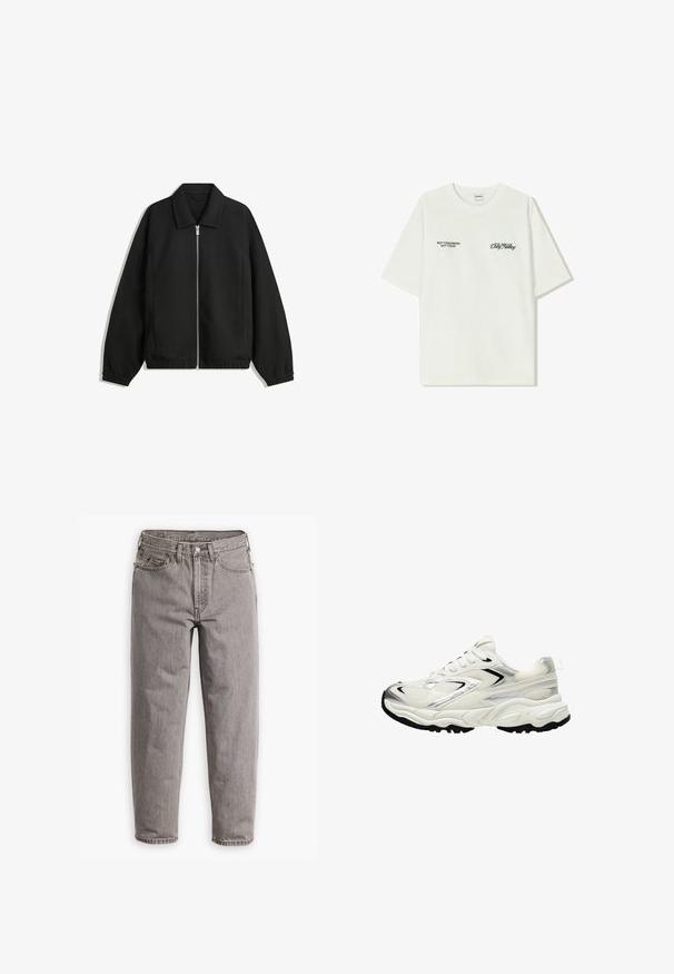 Crna jakna izrađena od teksturirane tkanine, s punim prednjim zatvaračem, ovratnikom i elastičnim manžetama, opuštenog kroja i bočnim džepovima.; Bijela pamučna majica kratkih rukava. Na prednjem dijelu nalazi se crni natpis: "NE SJUTRA NE DANAS" i "UMJETNOST KRETANJA PRAHOM" na zelenoj boji.; Sive traperice s visokim strukom, ravnim nogavicama, suptilnim izbljeđivanjem, pet džepova i zatvaranjem na metalni gumb.; Bijele tenisice s mrežastim gornjim dijelom, srebrnim naglascima, crnim potplatom i teksturiranim panelima. Imaju vezivanje na vezice i zaobljen oblik prstiju.