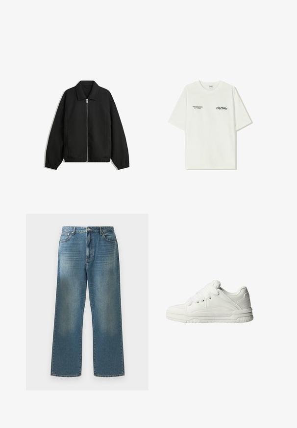 Jachetă neagră dintr-un material texturat, cu fermoar frontal complet, guler și manșete elastice, având o croială lejeră și buzunare laterale.; T-shirt alb din bumbac cu mâneci scurte. Partea din față prezintă text negru: "NU MÂINE NU ASTĂZI" și "ARTA DE A MUDUI" în script verde.; Blugi din denim albastru cu croială largă, prezentând un efect de decolorare, un design clasic cu cinci buzunare și închidere cu nasture metalic la talie.; Adidași albi cu un exterior din piele netedă, limbă căptușită, șireturi plate și accente texturate pe părțile laterale și pe toc.