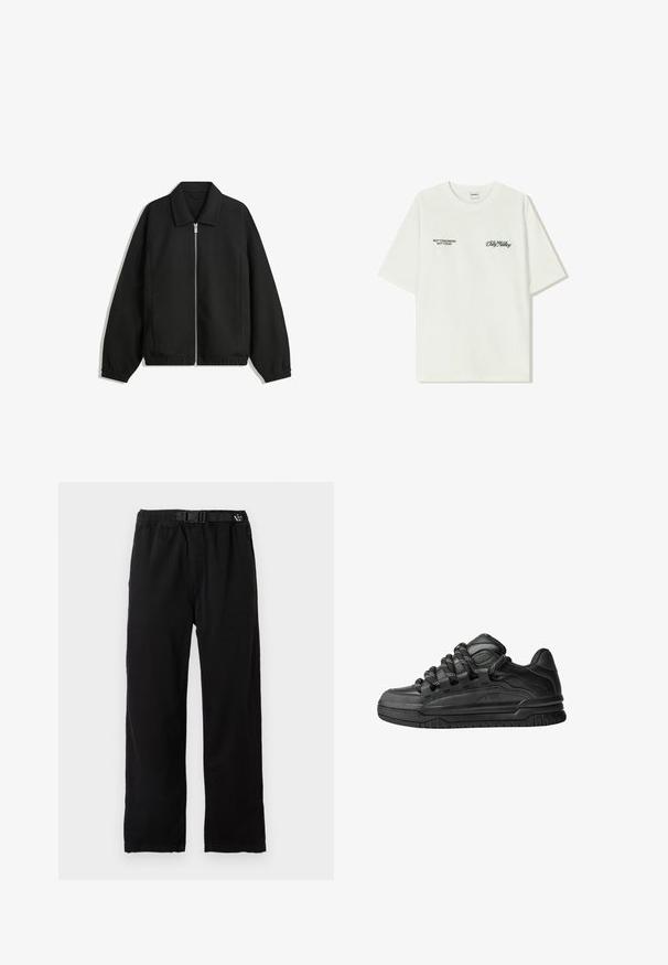 Jachetă neagră dintr-un material texturat, cu fermoar frontal complet, guler și manșete elastice, având o croială lejeră și buzunare laterale.; T-shirt alb din bumbac cu mâneci scurte. Partea din față prezintă text negru: "NU MÂINE NU ASTĂZI" și "ARTA DE A MUDUI" în script verde.; Pantaloni negri, ușori, cu un talie elastică și curea ajustabilă, având un design cu picior drept și o textură netedă.; Adidași negri cu o parte superioară din piele netedă, accente texturate și șireturi rotunde negre și albe. Talpă groasă din cauciuc cu un profil texturat.