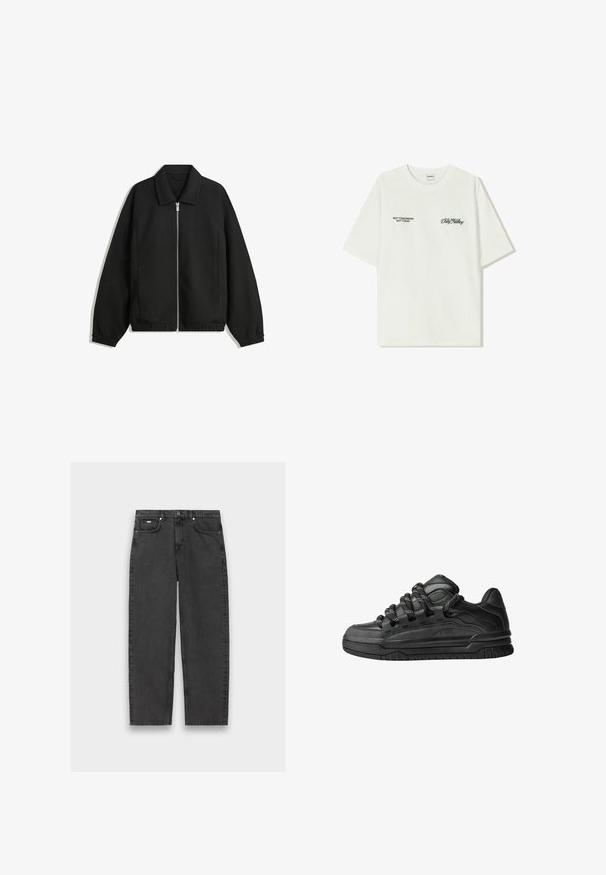 Zwarte jas van textuurstof, met een volledige rits aan de voorkant, een kraag, elastische manchetten, een ontspannen pasvorm en zijzakken.; Witte katoenen T-shirt met korte mouwen. Aan de voorkant staat in zwarte tekst: "NIET MORGEN NIET VANDAAG" en "DE KUNST VAN VUIL VERPLAATSEN" in groene cursieve letters.; Zwarte rechte jeans met vijf zakken, knoopsluiting en zichtbare stiksels, plat gelegd op een neutrale achtergrond.; Zwarte sneakers met een glad leren bovenwerk, gearceerde accenten en ronde zwart-witte veters. Dikke rubberen zool met een geprofileerd loopvlak.