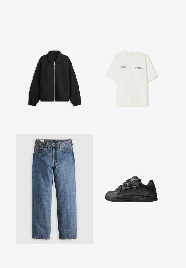Czarna kurtka z teksturowanej tkaniny, z pełnym zamkiem z przodu, kołnierzem i elastycznymi mankietami, o luźnym kroju i kieszeniach po bokach.; Biała bawełniana koszulka z krótkim rękawem. Z przodu znajduje się czarny napis: „NIE JUTRO, NIE DZIŚ” oraz „SZTUKA RUCHU BRUDU” w zielonym skrypcie.; Niebieskie dżinsy o prostym kroju, z wysokim stanem, mosiężnymi nitami i pomarańczowymi przeszyciami. Zawierają przednie i tylne kieszenie.; Czarne sneakersy z gładką skórzaną cholewką, teksturowanymi akcentami i okrągłymi czarno-białymi sznurowadłami. Gruba gumowa podeszwa z wzorzystym bieżnikiem.