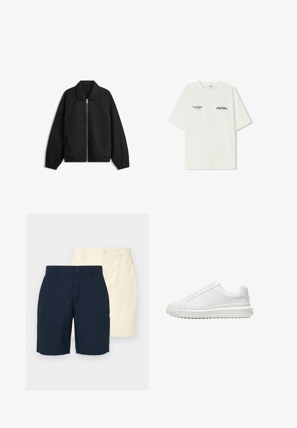 Crna jakna izrađena od teksturirane tkanine, s punim prednjim zatvaračem, ovratnikom i elastičnim manžetama, opuštenog kroja i bočnim džepovima.; Bijela pamučna majica kratkih rukava. Na prednjem dijelu nalazi se crni natpis: "NE SJUTRA NE DANAS" i "UMJETNOST KRETANJA PRAHOM" na zelenoj boji.; Dva para kratkih hlača: jedan tamnoplave i jedan svijetlosmeđe boje. Oba imaju ravni kroj, kopčanje na dugme i glatku, laganu tkaninu.; Bijela tenisica s glatkim sintetičkim gornjim dijelom, okruglim vrhom, ravnim vezicama, teksturiranim potplatom i složenim, platformastim dizajnom za dodatnu visinu.